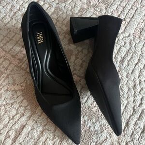 ZARA Black Pointed Toe Fabric Block Heel Pumps Sz 36